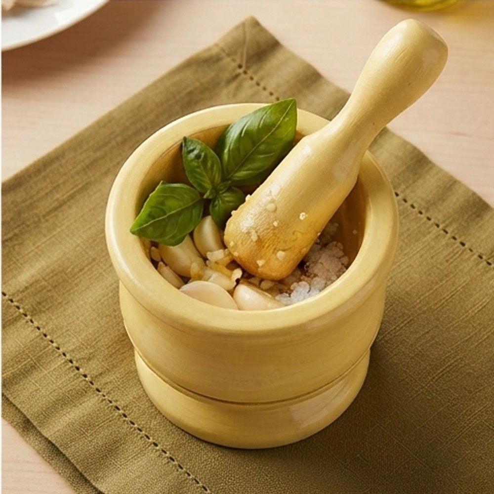 Natural wood kitchen hob with a handle for grinding garlic, spices, and seasonings - Beige - Image 2