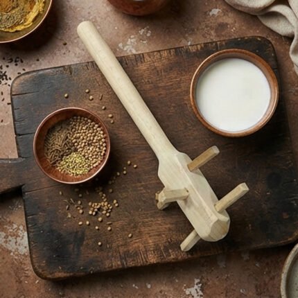 Traditional wooden hand-held for stirring and rubbing okra and stew in the kitchen