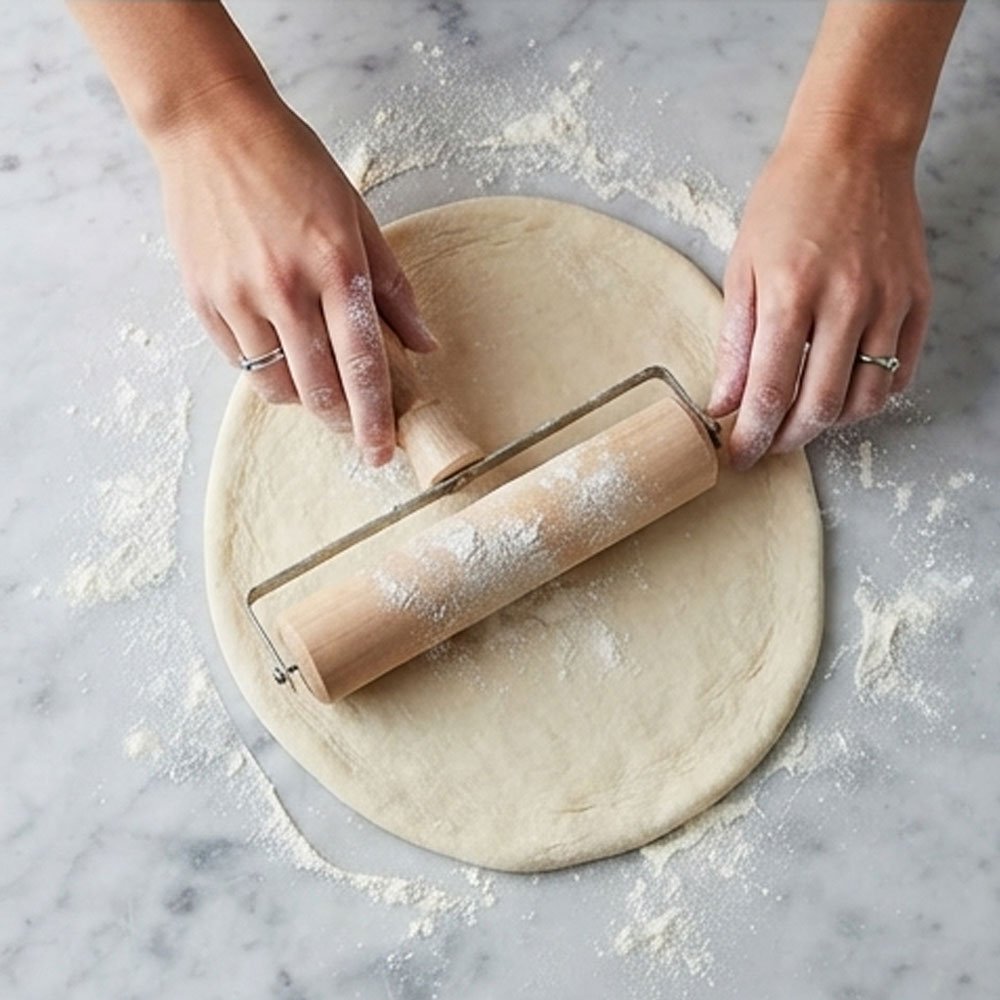 A wooden rolling pin and dough sheeter with a handle for rolling out small pastries. - Image 3