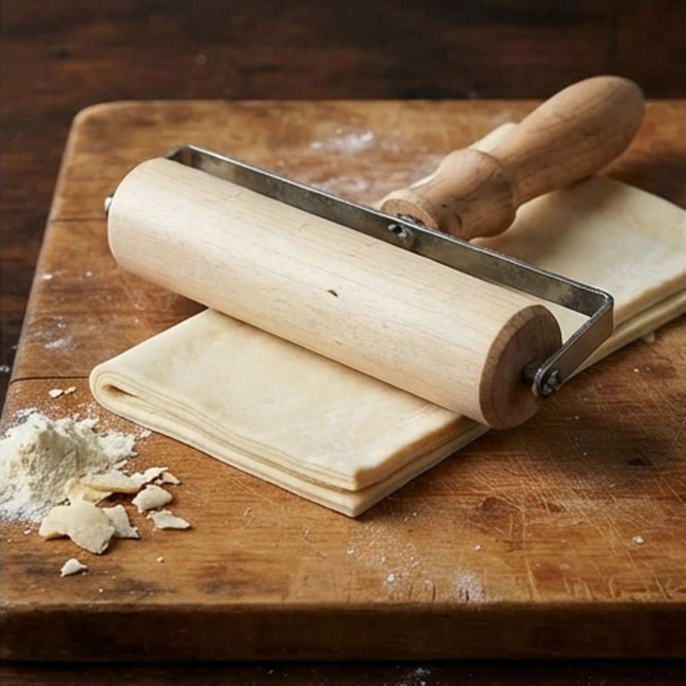 A wooden rolling pin and dough sheeter with a handle for rolling out small pastries.