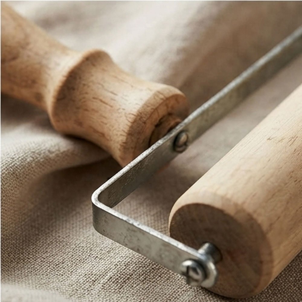 A wooden rolling pin and dough sheeter with a handle for rolling out small pastries. - Image 2