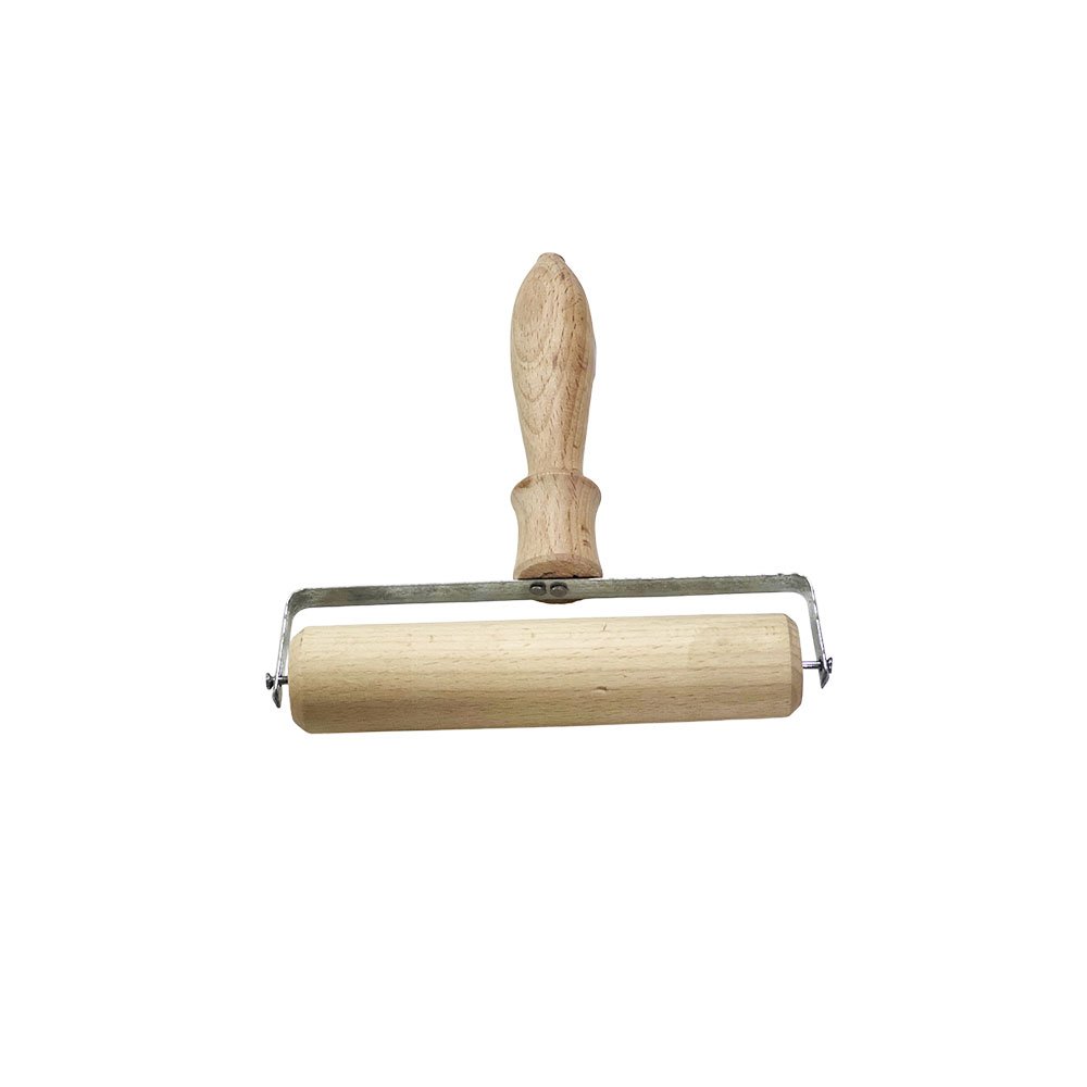 A wooden rolling pin and dough sheeter with a handle for rolling out small pastries. - Image 4