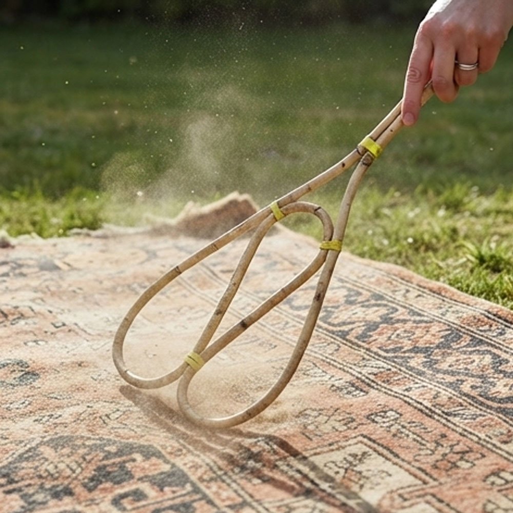 Manual carpet duster made of natural bamboo for cleaning and dusting furniture