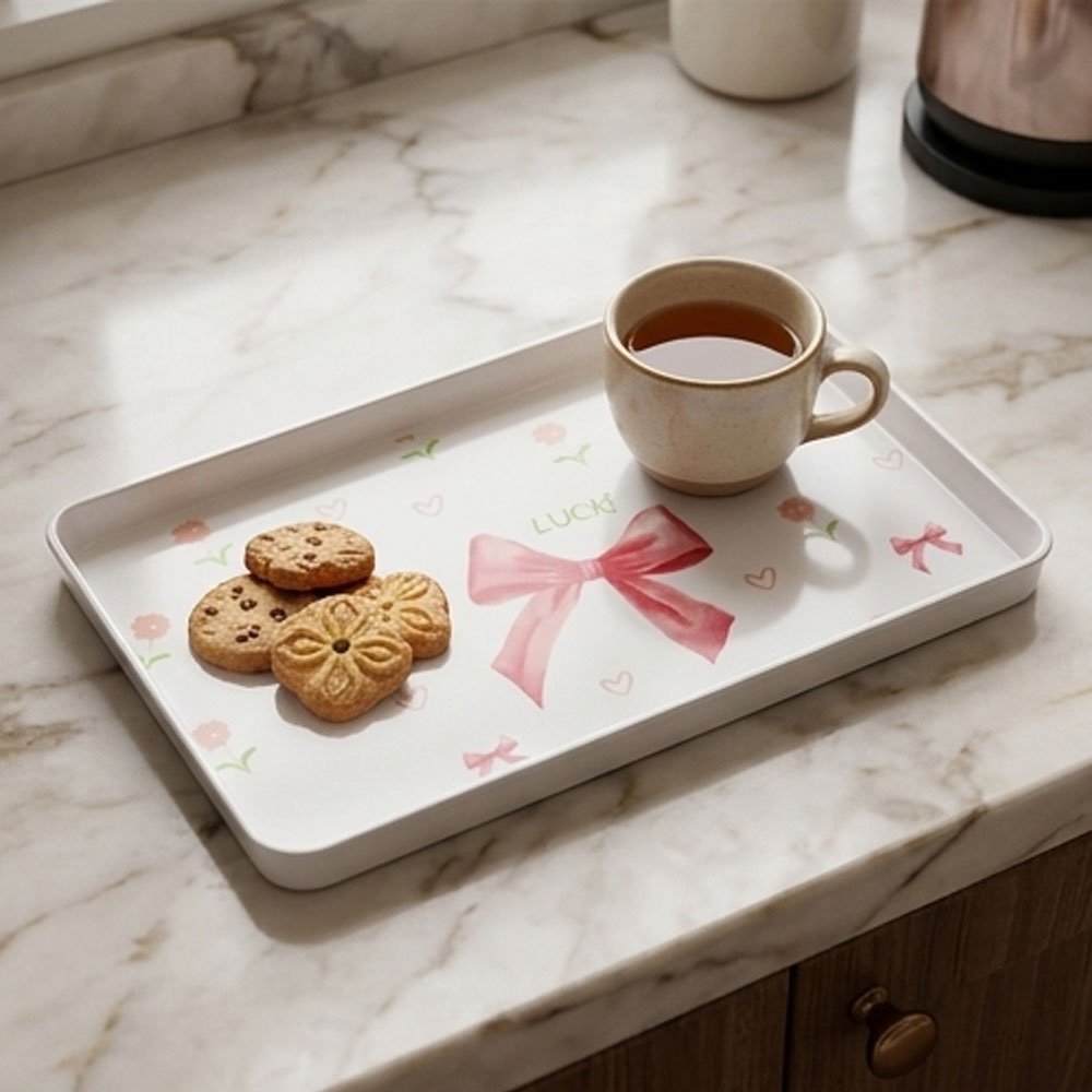 Rectangular serving tray set, 3 pieces, rose bow design - Image 2