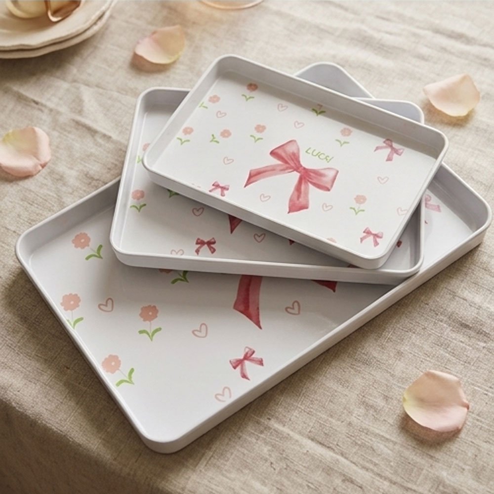 Rectangular serving tray set, 3 pieces, rose bow design