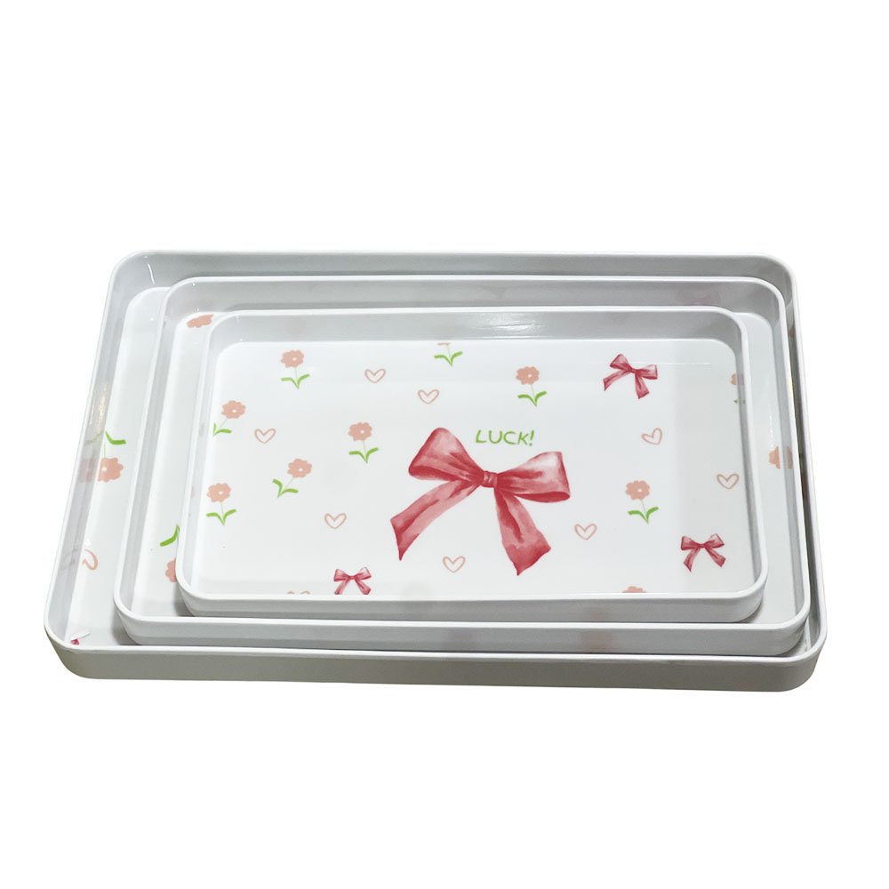 Rectangular serving tray set, 3 pieces, rose bow design - Image 3