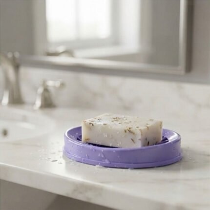 Round plastic bathroom soap dish for draining water and storing soap.