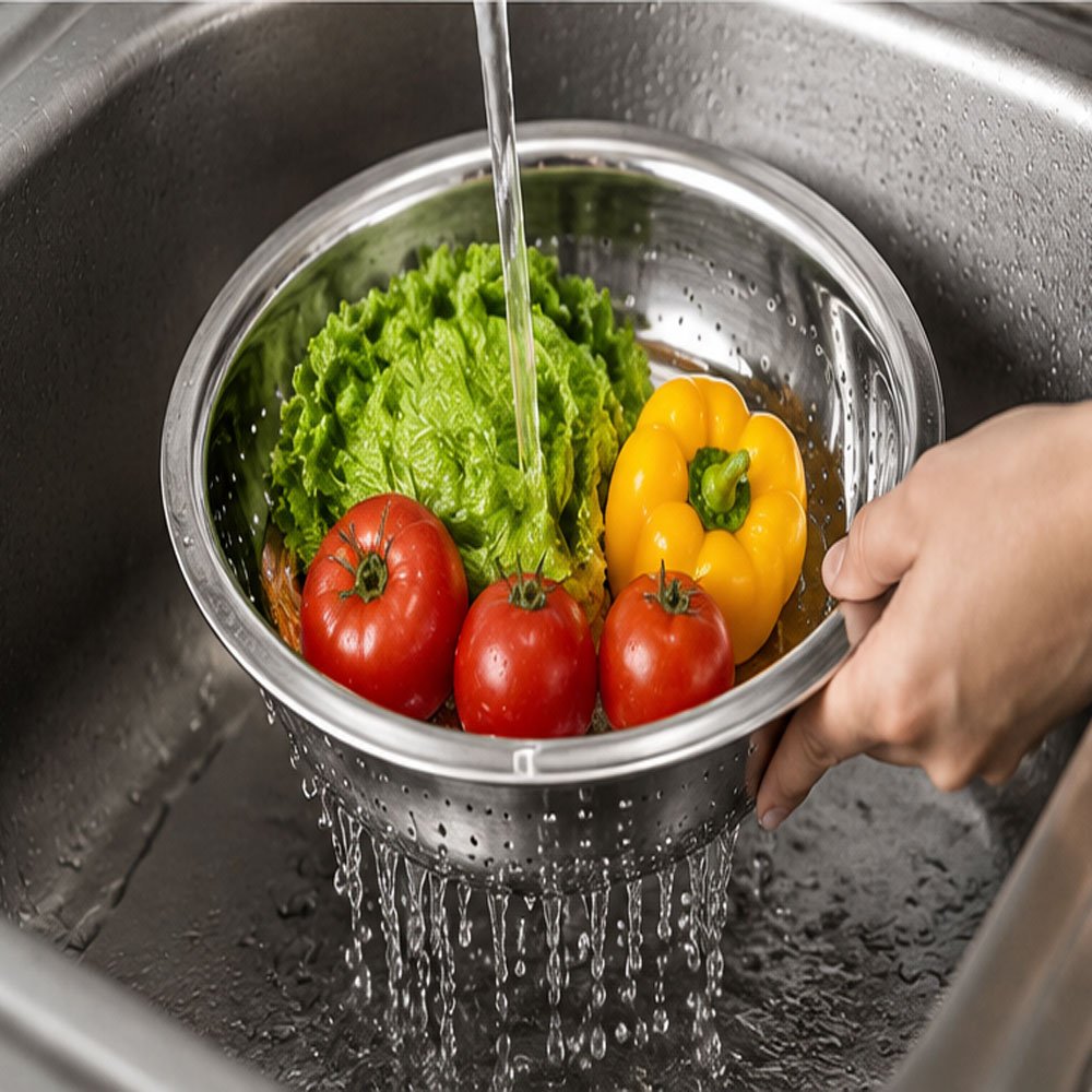 4-piece round stainless steel strainer set for draining and washing fruits and vegetables - Image 3