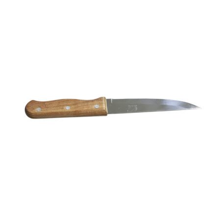 Stainless steel kitchen knife with a wooden handle for cutting vegetables and meat.