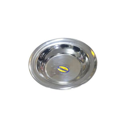Deep, flat stainless steel serving dish, size 5
