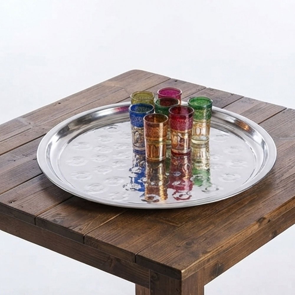 4-inch round stainless steel tea serving tray with a circular pattern. - Image 3