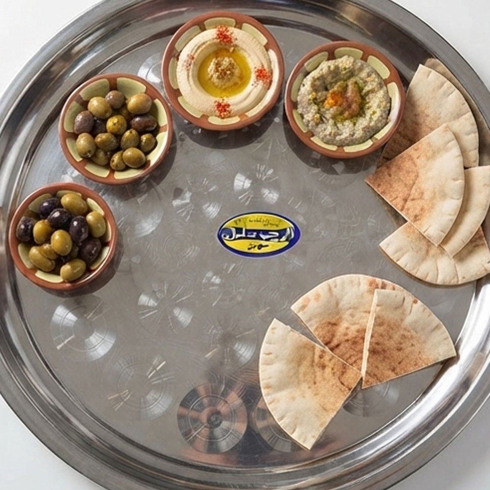 4-inch round stainless steel tea serving tray with a circular pattern. - Image 2