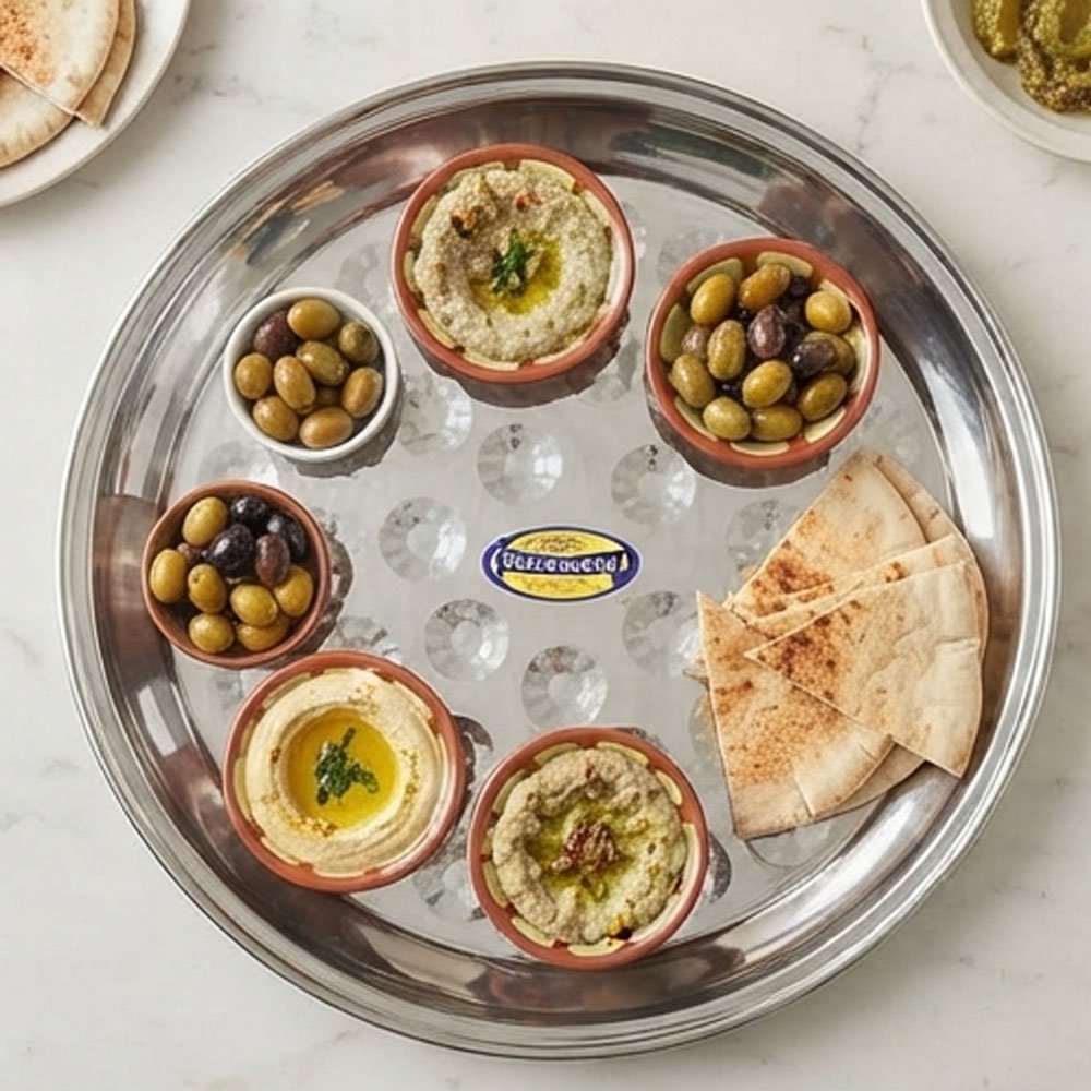 4-inch round stainless steel tea serving tray with a circular pattern. - Image 5