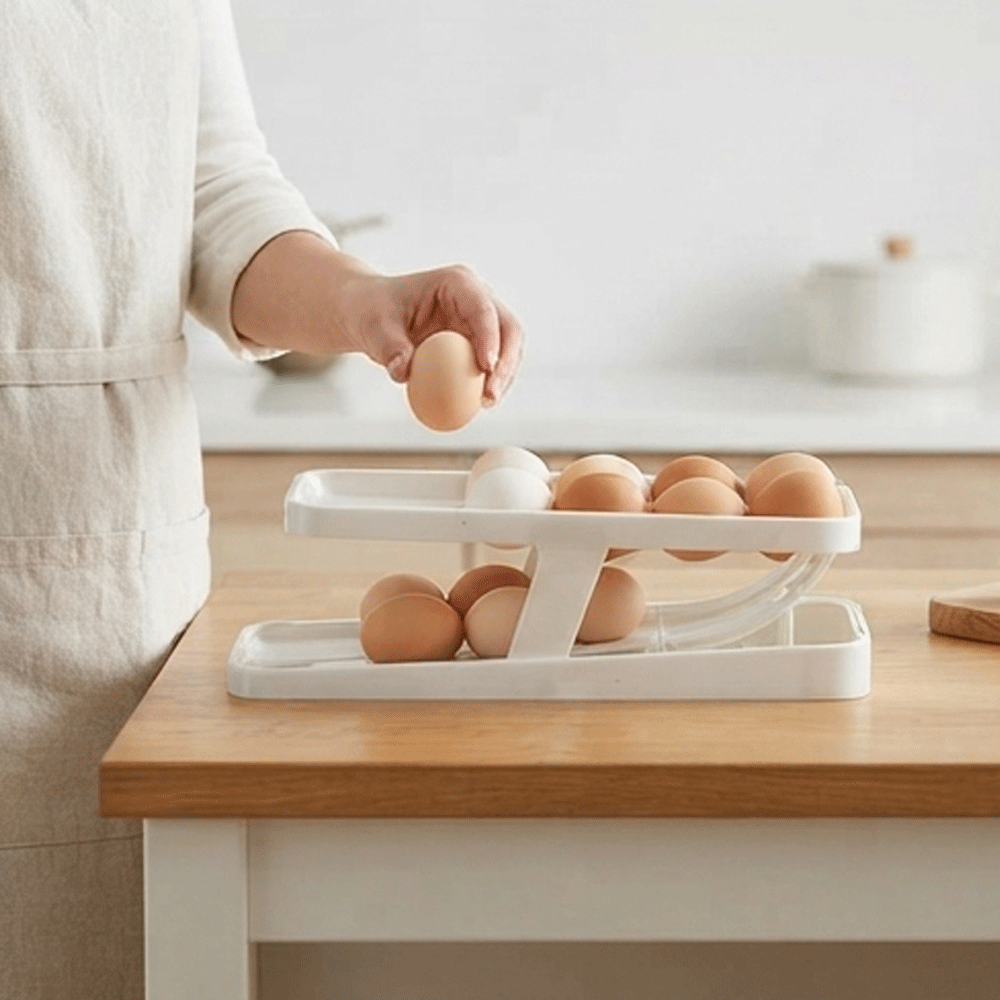 Auto Rolling Egg Dispenser Holder Organizer 2-Tier Storage Rack for Fridge - Image 2