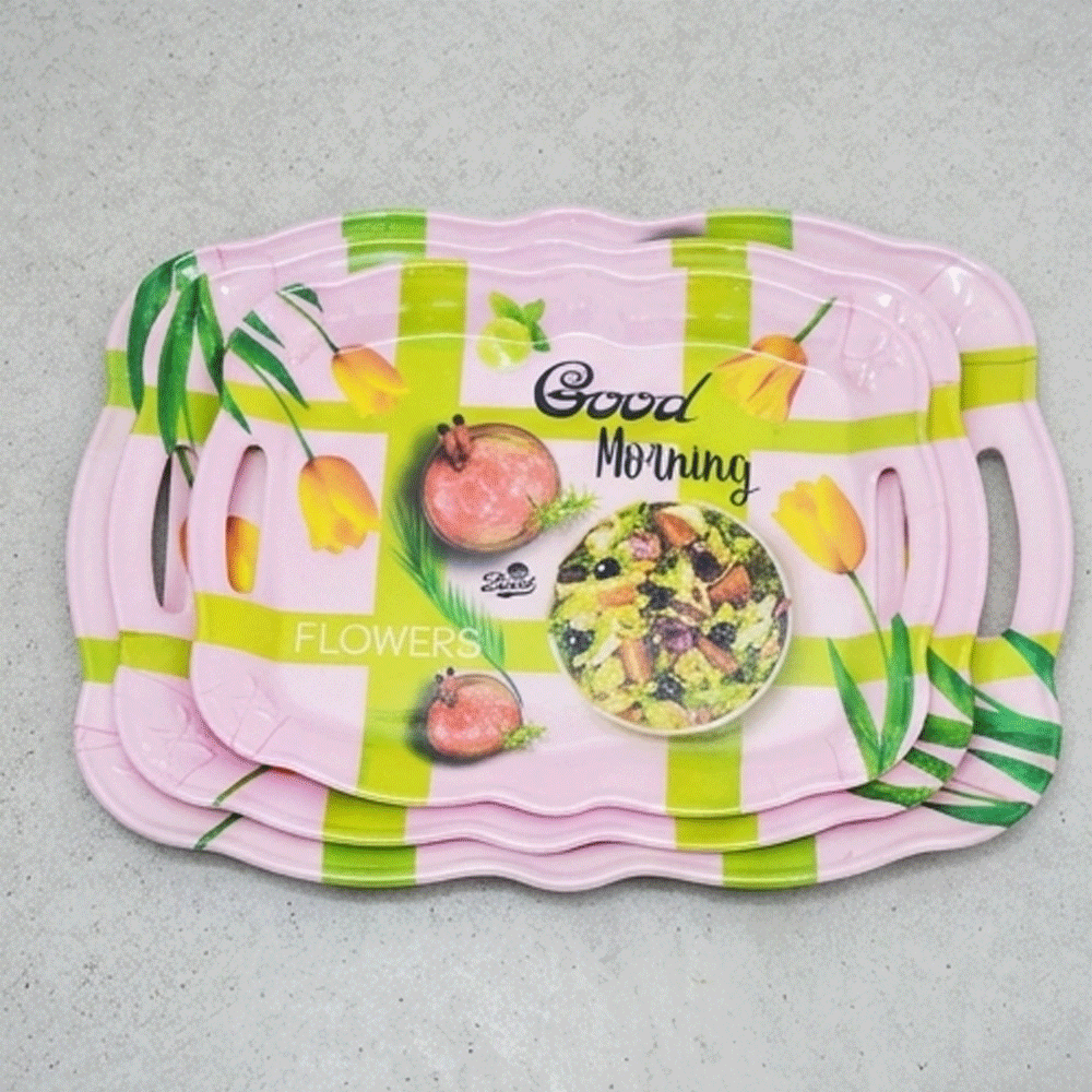 Pearl Set of 3 Flower Print Serving Trays with Handles for Kitchen & Dining