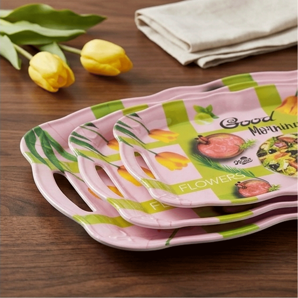 Pearl Set of 3 Flower Print Serving Trays with Handles for Kitchen & Dining - Image 3