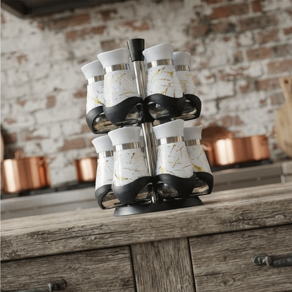 Rotating Spice Rack Set with Marble Pattern Glass Jars Stand-12-Piece - Image 3