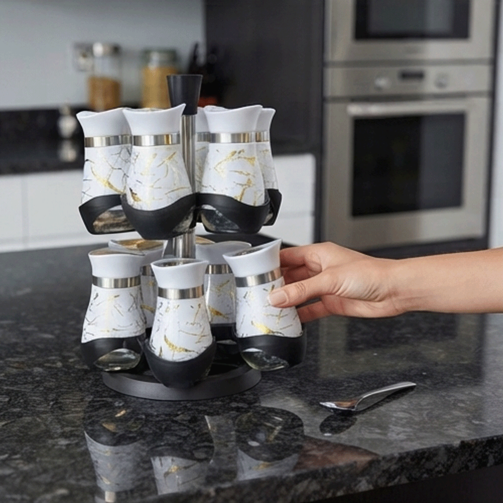 Rotating Spice Rack Set with Marble Pattern Glass Jars Stand-12-Piece - Image 2