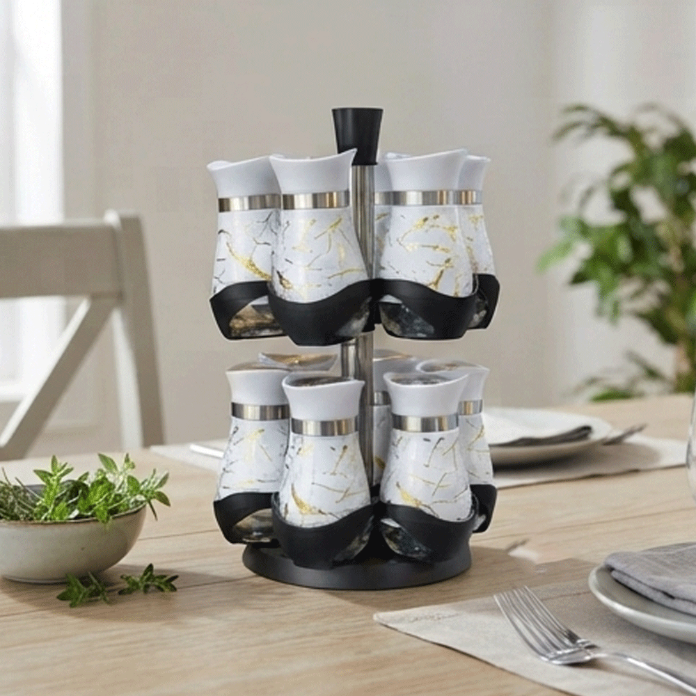 Rotating Spice Rack Set with Marble Pattern Glass Jars Stand-12-Piece - Image 4