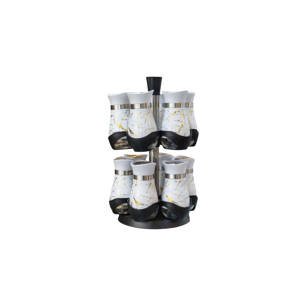 Rotating Spice Rack Set with Marble Pattern Glass Jars Stand-12-Piece