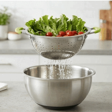 Stainless Steel Kitchen Colander Strainer With Heat Resistant Silicone Handles For Pasta & Veggies