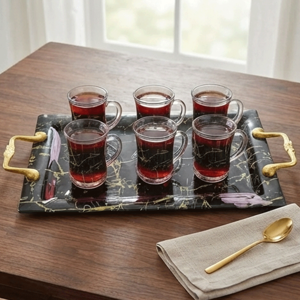 Rectangular serving tray set with gold patterns and handles - 3 pieces - Image 5