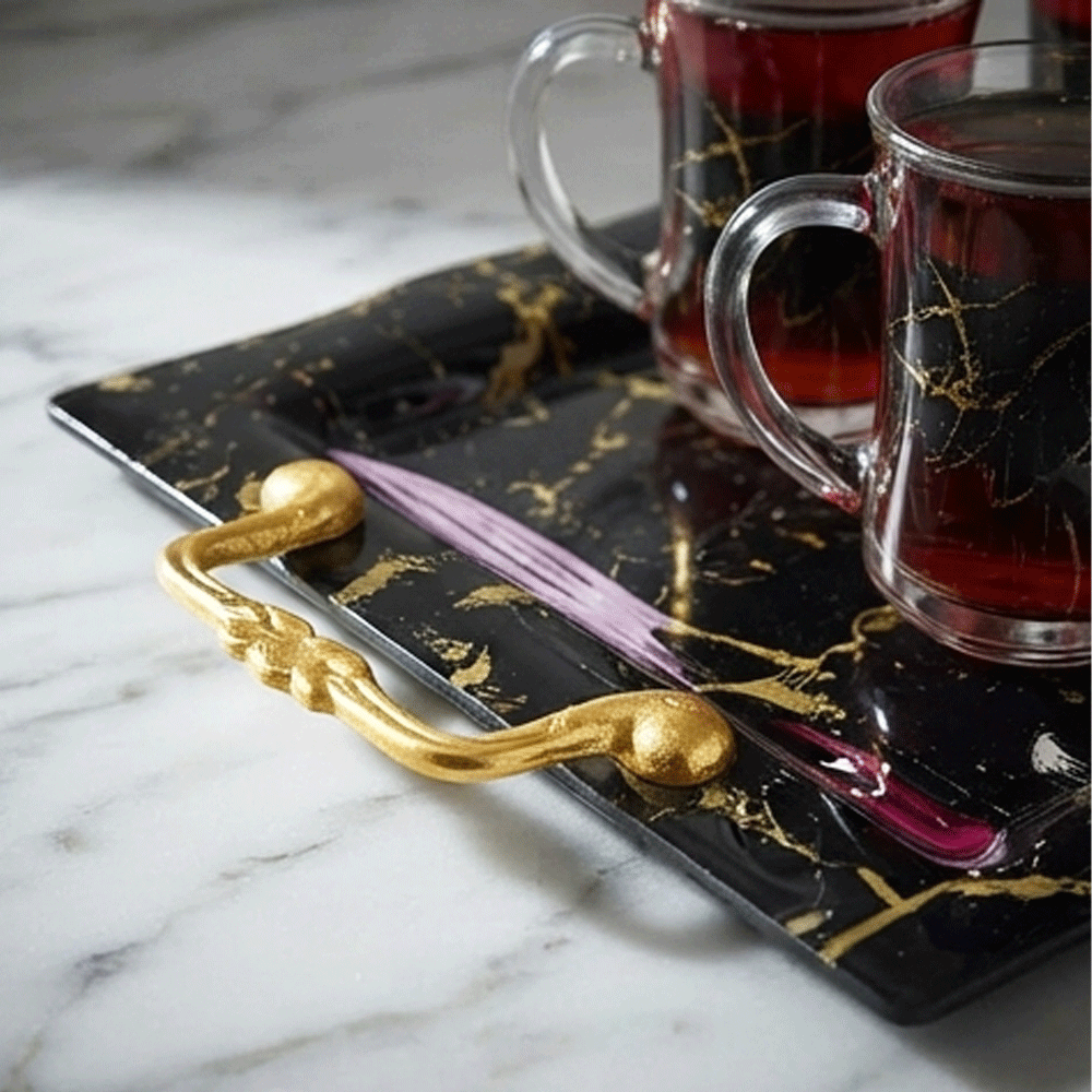 Rectangular serving tray set with gold patterns and handles - 3 pieces - Image 4