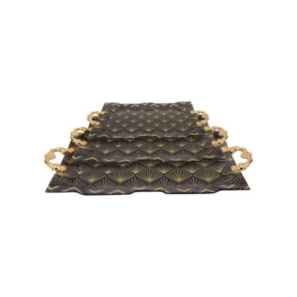 Rectangular serving tray set with gold patterns and handles - 3 pieces
