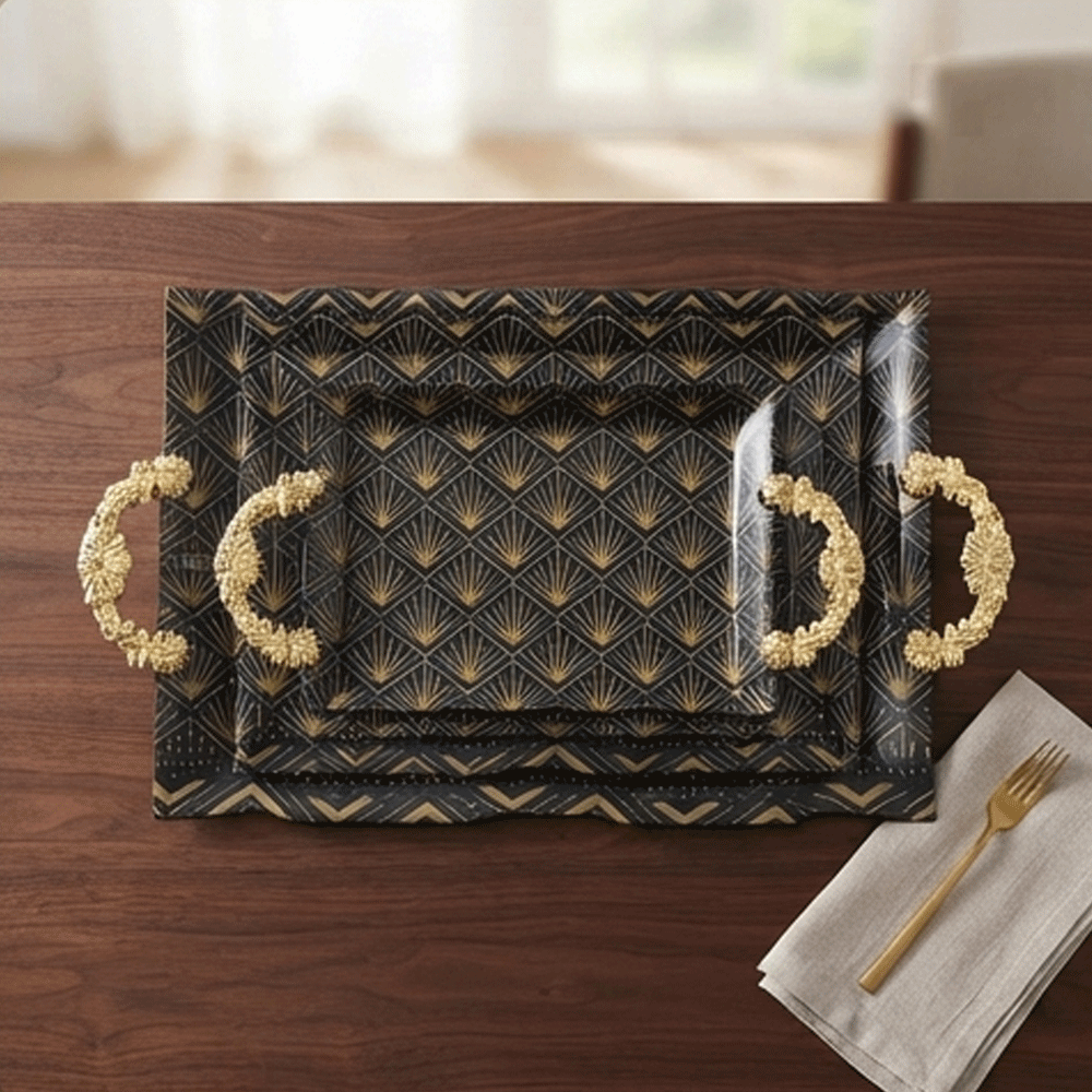 Rectangular serving tray set with gold patterns and handles - 3 pieces - Image 10