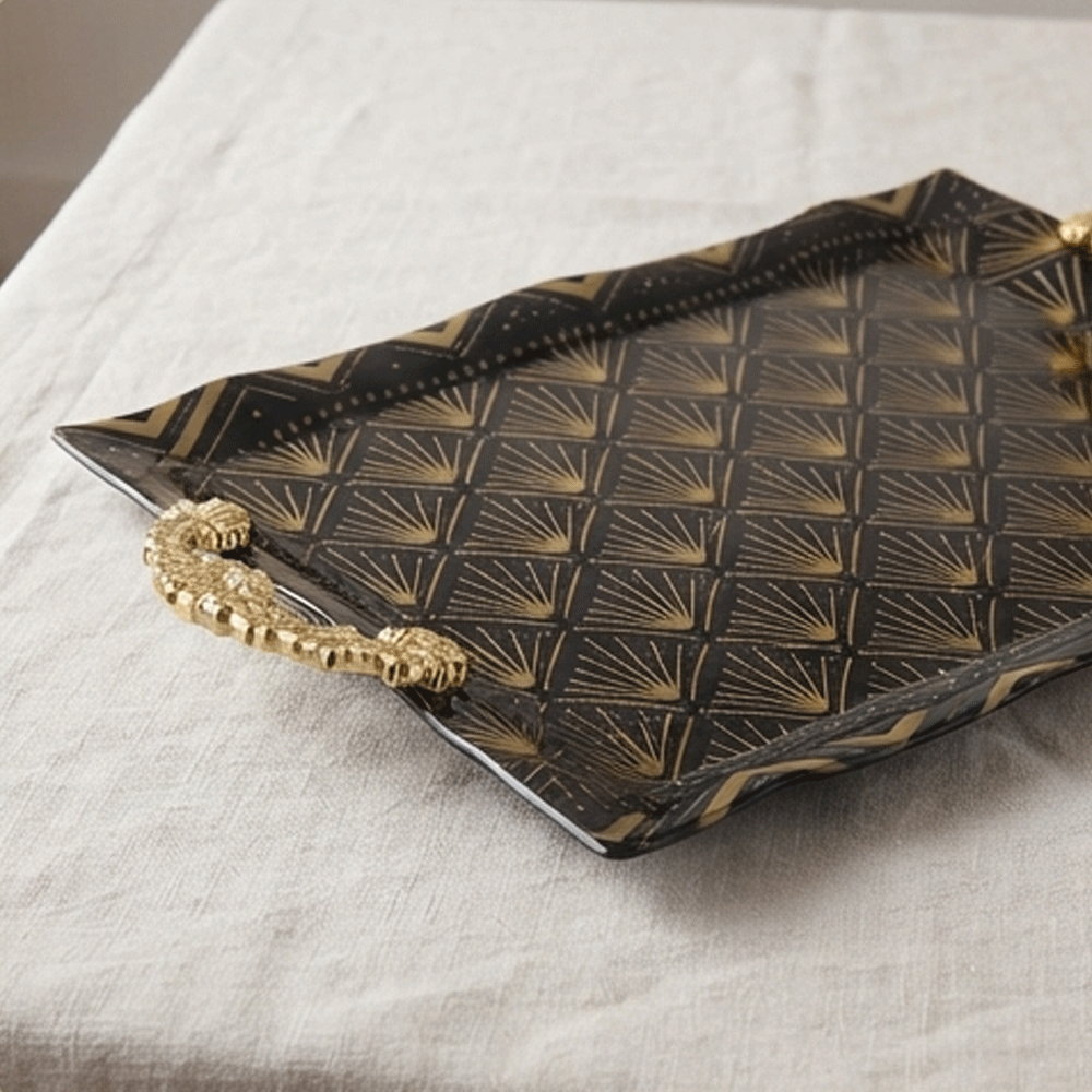 Rectangular serving tray set with gold patterns and handles - 3 pieces - Image 9