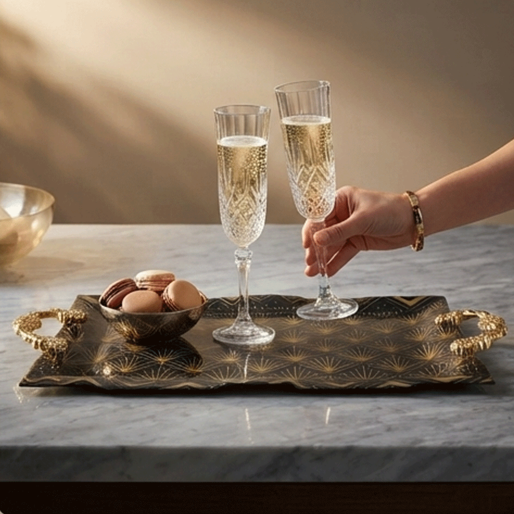 Rectangular serving tray set with gold patterns and handles - 3 pieces - Image 8