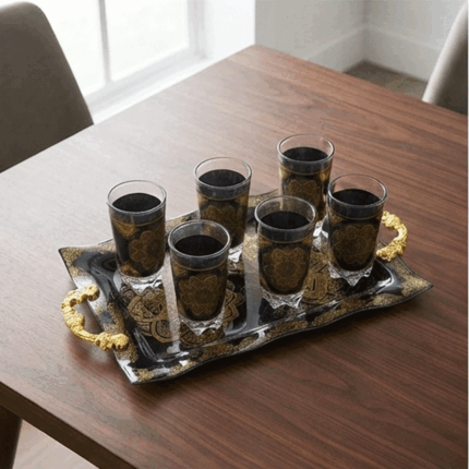 Glassware set with a serving tray featuring luxurious gold patterns - 7 pieces