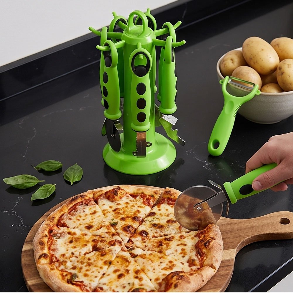 El Sultana Silicone Kitchen Tool Set with Can Opener Peeler and Rotating Stand - Image 3