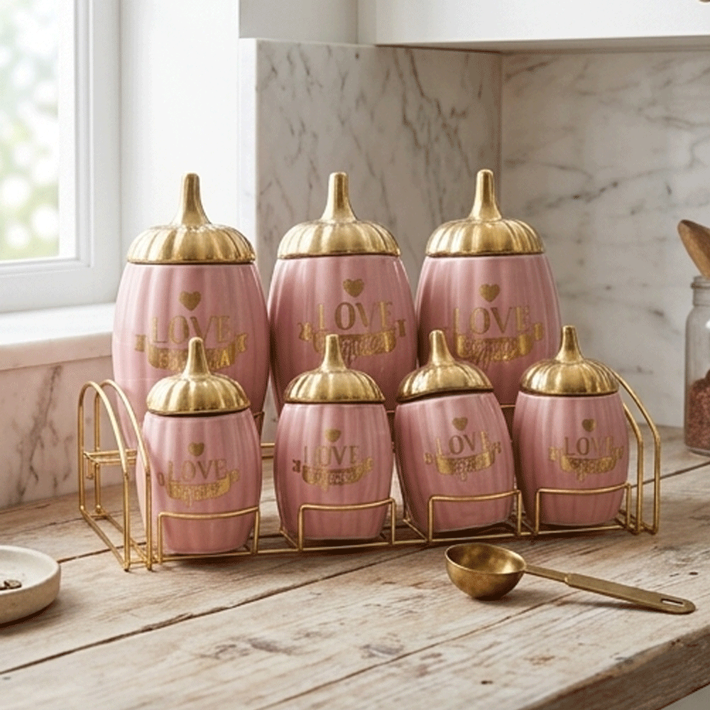 Ceramic Spice Jars Canister Set with Gold Lids and Metal Stand Rack-7-Piece - Image 4