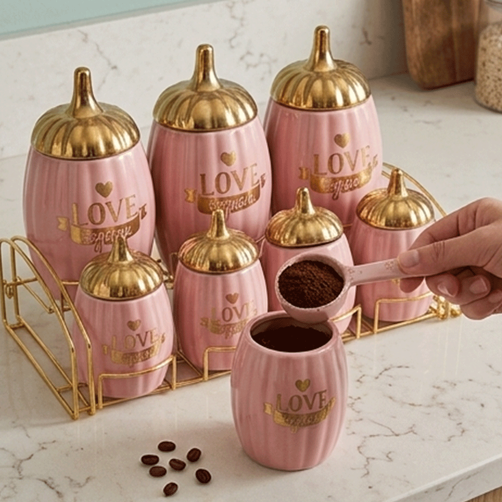 Ceramic Spice Jars Canister Set with Gold Lids and Metal Stand Rack-7-Piece