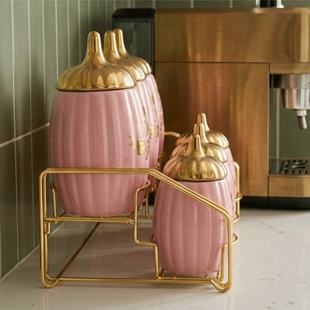 Ceramic Spice Jars Canister Set with Gold Lids and Metal Stand Rack-7-Piece - Image 3
