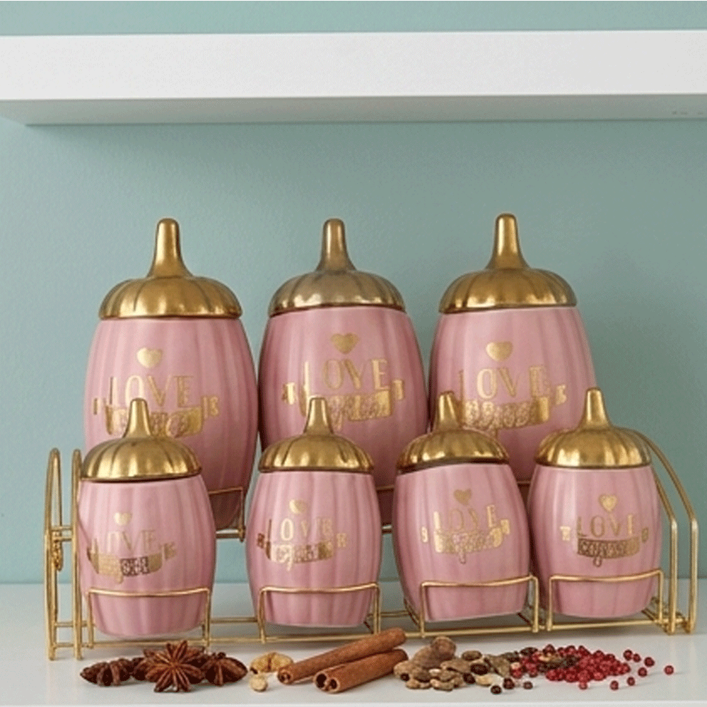Ceramic Spice Jars Canister Set with Gold Lids and Metal Stand Rack-7-Piece - Image 2