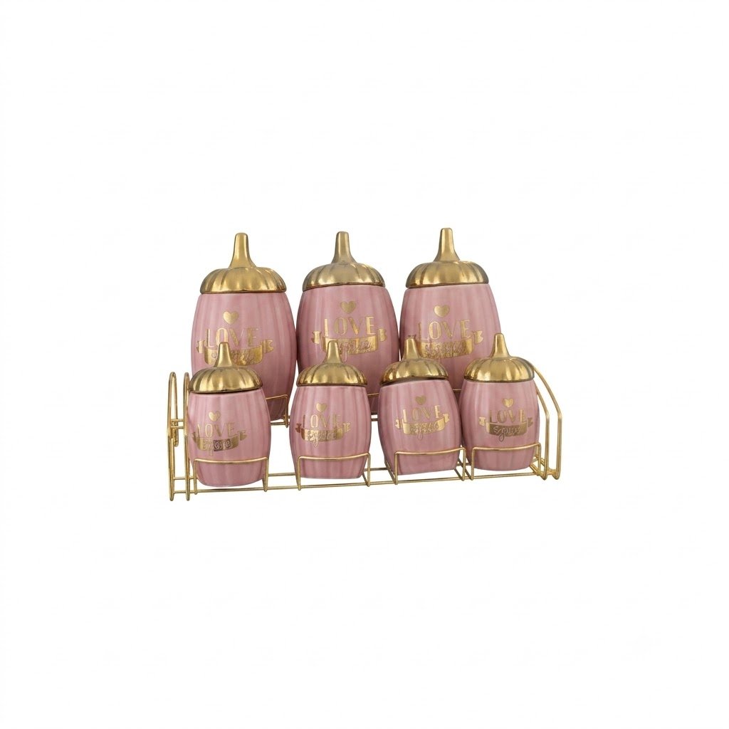 Ceramic Spice Jars Canister Set with Gold Lids and Metal Stand Rack-7-Piece - Image 5