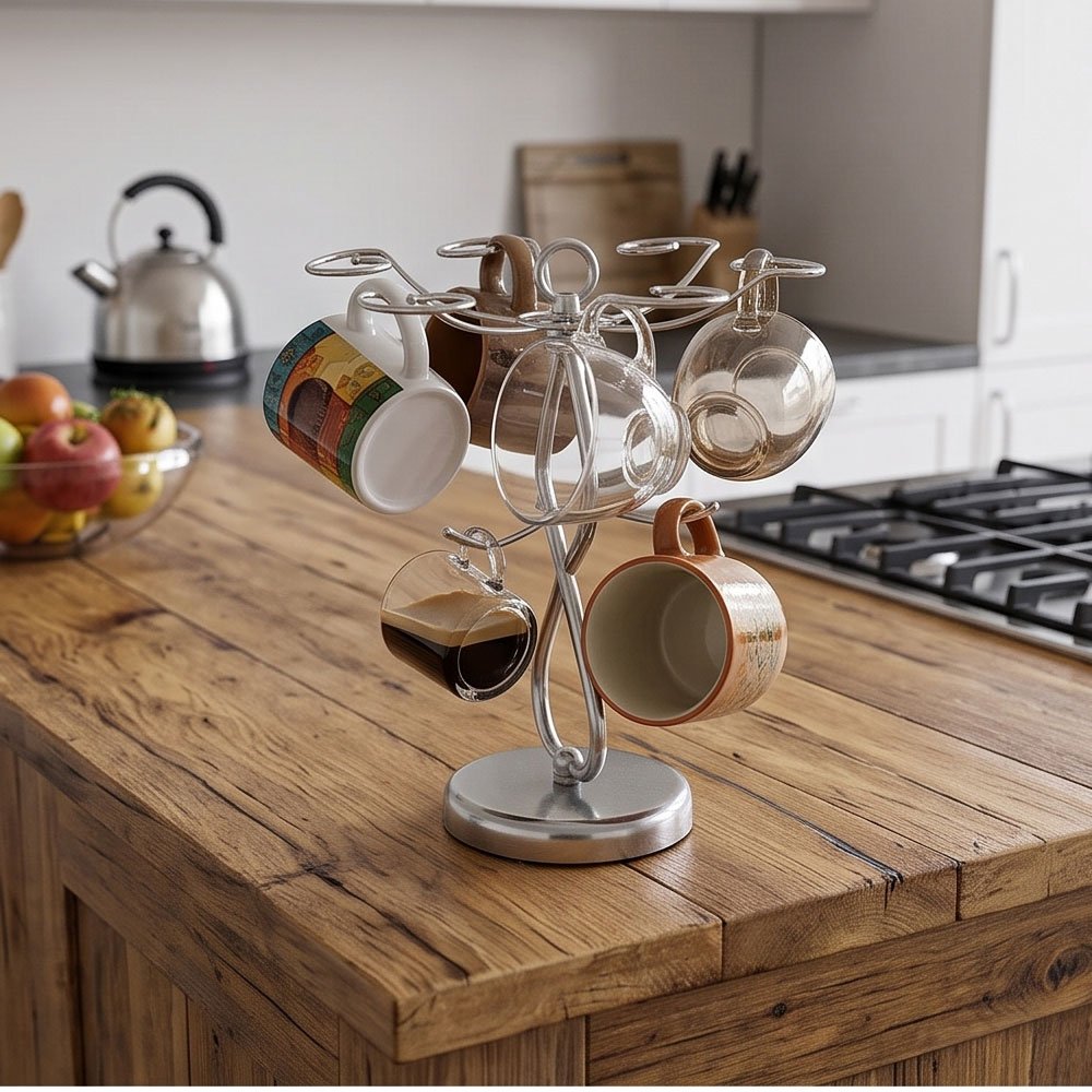 6 Hook Stainless Steel Wine Glass Drying Rack Holder Stand With Heavy Round Base - Image 3