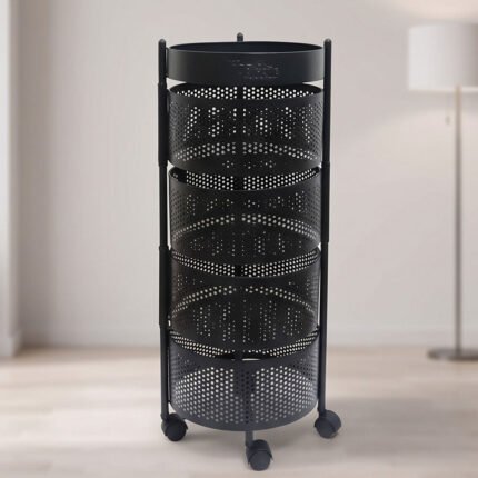 4 Tier Round Metal Kitchen Storage Trolley Cart Rolling Rack Organizer Black