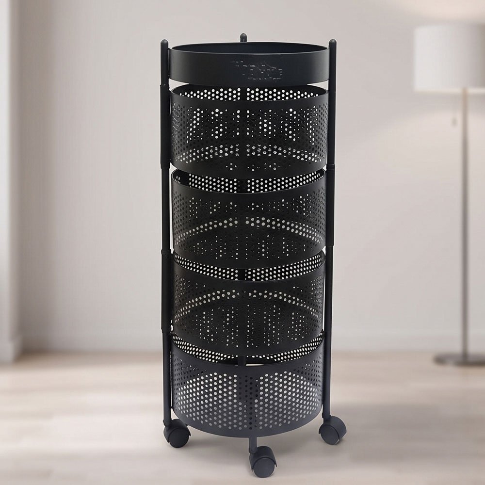 4 Tier Round Metal Kitchen Storage Trolley Cart Rolling Rack Organizer Black