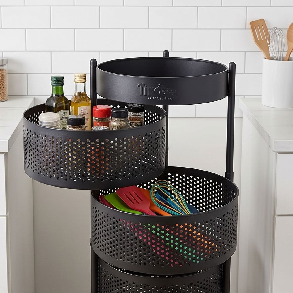 4 Tier Round Metal Kitchen Storage Trolley Cart Rolling Rack Organizer Black - Image 3