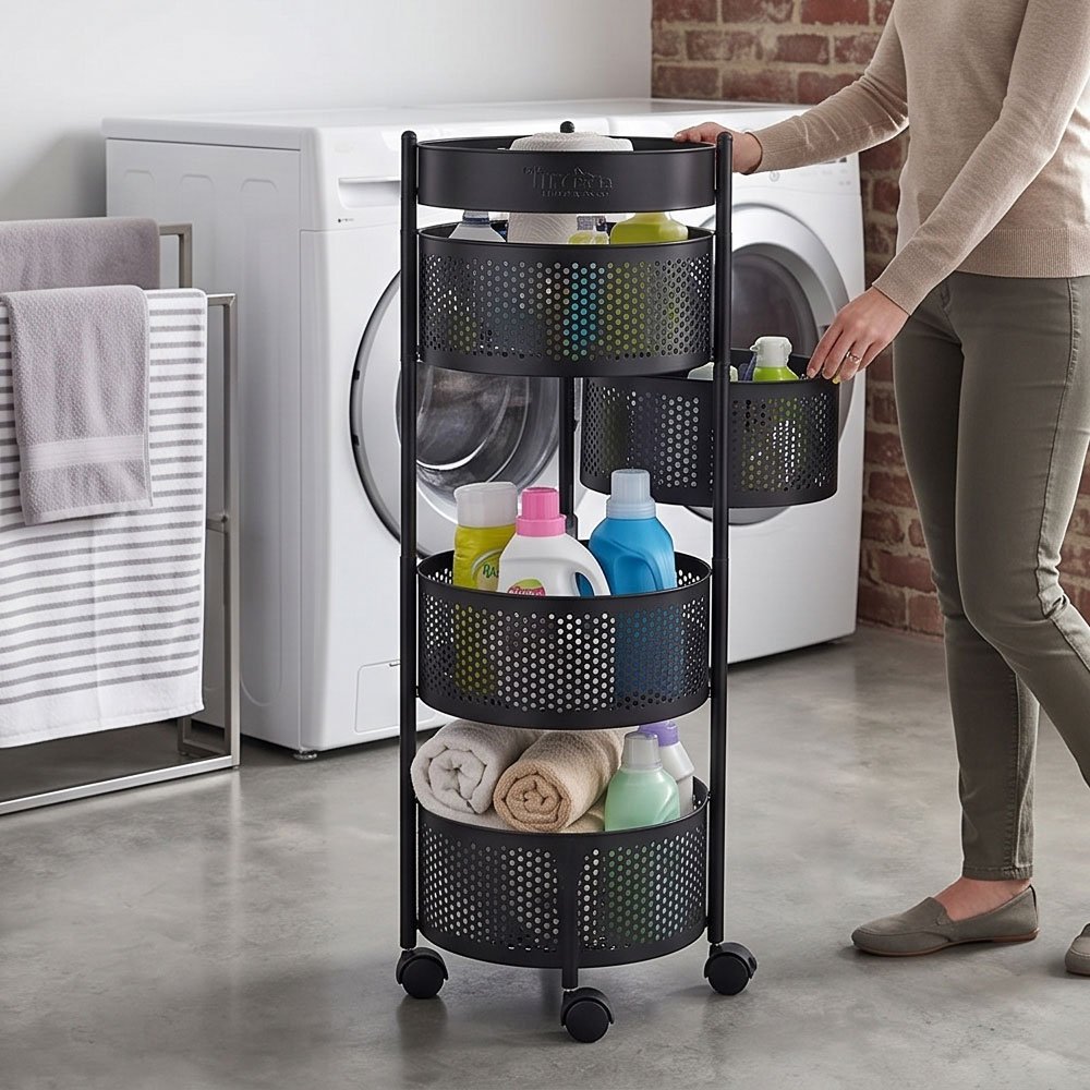 4 Tier Round Metal Kitchen Storage Trolley Cart Rolling Rack Organizer Black - Image 5