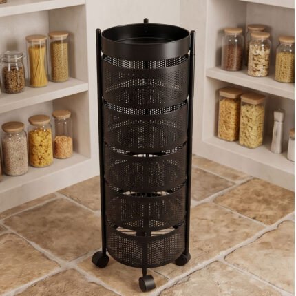 5 Tier Round Metal Kitchen Storage Trolley Cart Rolling Rack Organizer Black