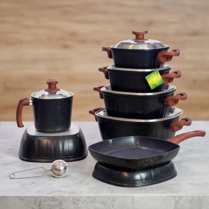 13 Piece Non Stick Square Granite Cookware Set 5mm Thick With Glass Stainless Lids