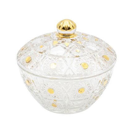 Elegant Glass Crystal Candy Dish Bowl with Lid Cut Glass Pattern Gold Accents for Sweets