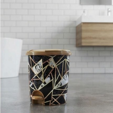El Andalous Marbella 3 Plastic Step Trash Bin Pedal Garbage Can Black & Gold Marble Design