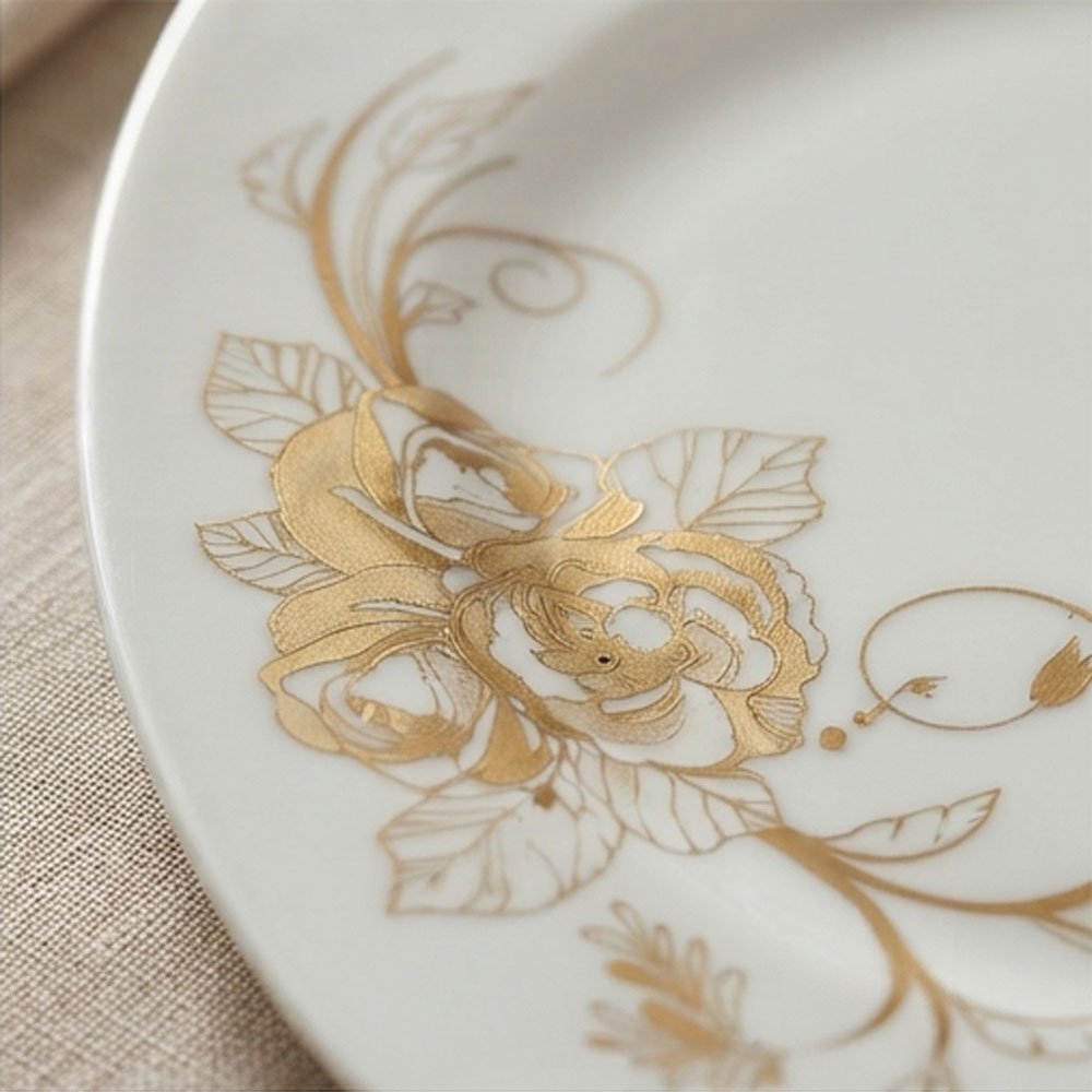 Elegant Porcelain Square Dinner Plate Size 2 White with Floral Gold Pattern Serving Dish - Image 4