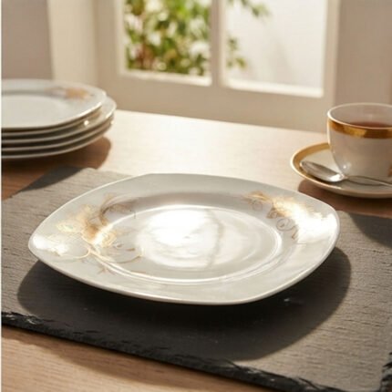 Elegant Porcelain Square Dinner Plate Size 2 White with Floral Gold Pattern Serving Dish