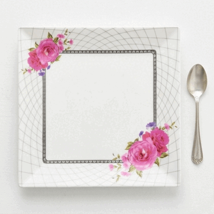 Classic square melamine decorative set with an elegant French rose pattern, perfect for desserts and hospitality.